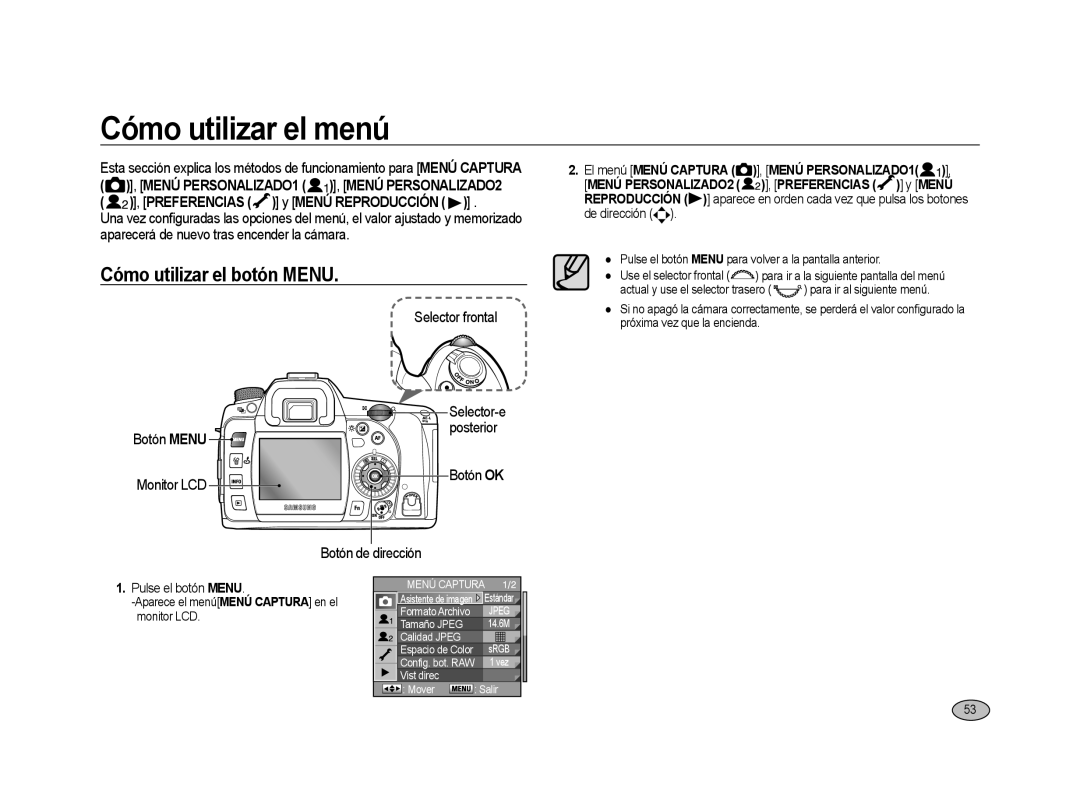 Samsung ER-GX20ZBBB/SP manual Cómo utilizar el menú, Cómo utilizar el botón Menu, Botón Menu Monitor LCD Selector frontal 