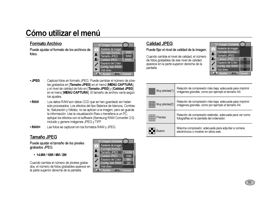 Samsung ER-GX20ZBBB/E1 manual Formato Archivo, Calidad Jpeg, Tamaño Jpeg, Puede ajustar el formato de los archivos de fotos 