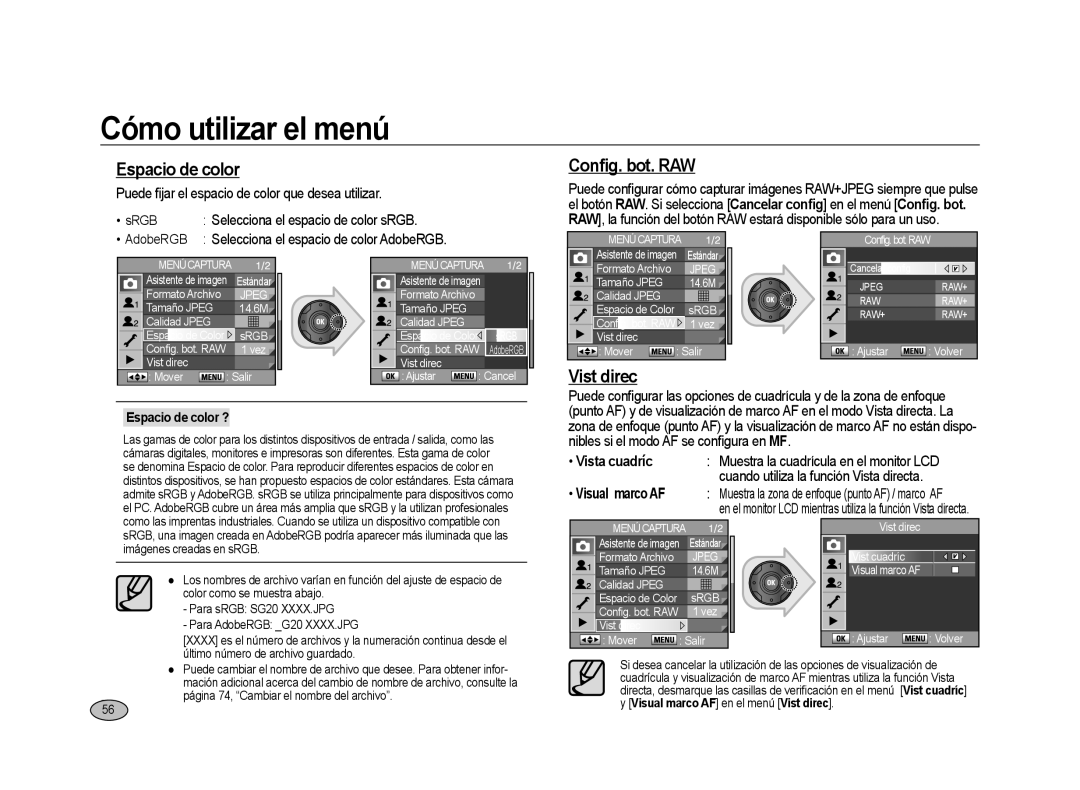 Samsung ER-GX20ZBBA/E1, ER-GX20ZBBC/E1, ER-GX20ZBBB/E1 manual Espacio de color, Conﬁg. bot. RAW, Vist direc, Vista cuadríc 