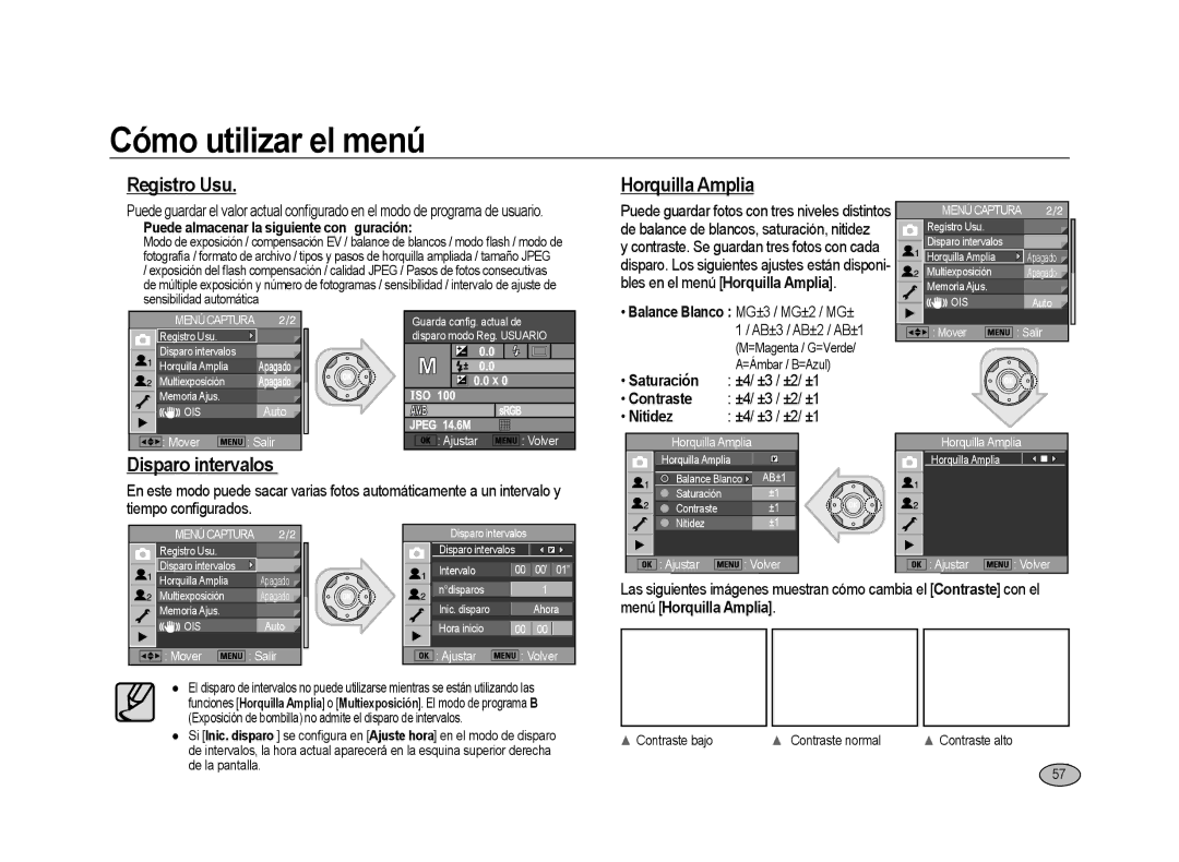 Samsung ER-GX20ZBBC/ES, ER-GX20ZBBC/E1 manual Registro Usu Horquilla Amplia, Disparo intervalos, Contraste, Nitidez 