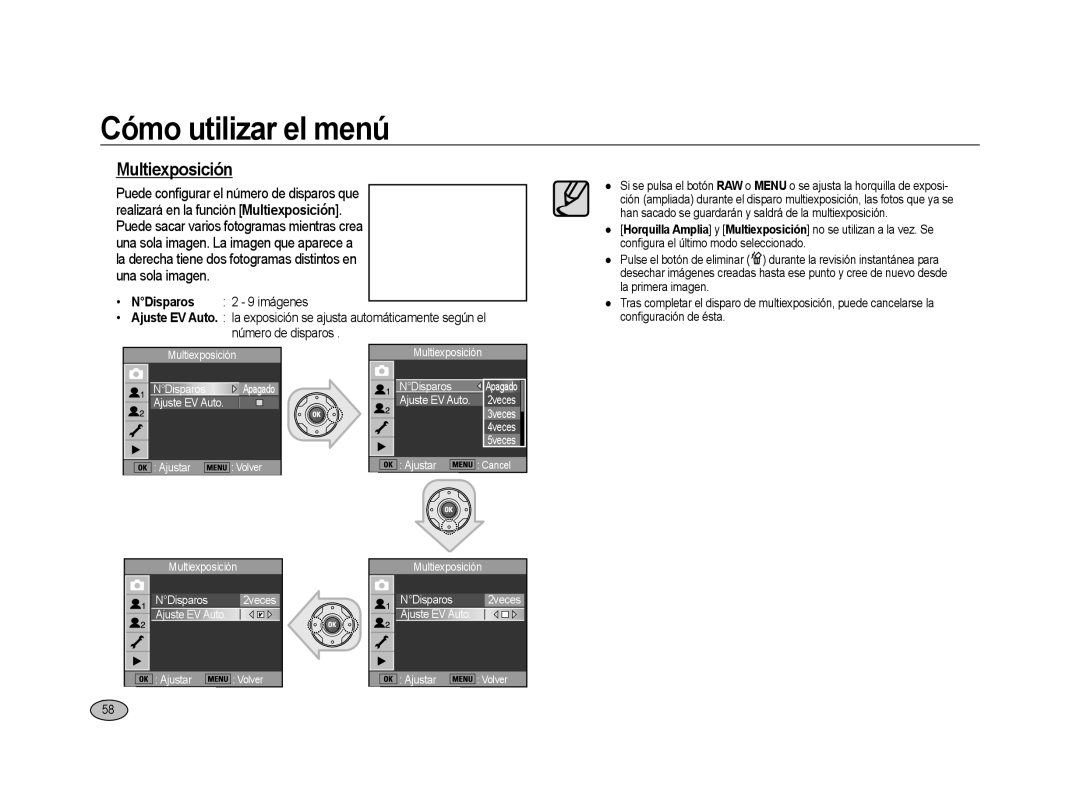 Samsung ER-GX20ZBBB/SP, ER-GX20ZBBC/E1, ER-GX20ZBBB/E1 manual Multiexposición, NDisparos, Ajuste EV Auto Ajustar Volver 