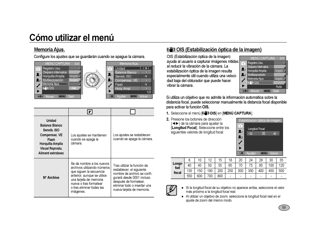 Samsung ER-GX20ZBBC/E1 manual Memoria Ajus OIS Estabilización óptica de la imagen, Seleccione el menú OIS en Menú Captura 