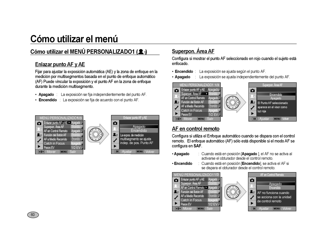 Samsung ER-GX20ZBBB/E1, ER-GX20ZBBC/E1 manual Cómo utilizar el Menú PERSONALIZADO1, Enlazar punto AF y AE, Superpon. Área AF 