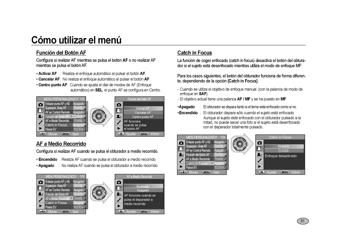 Samsung ER-GX20ZBBA/E1, ER-GX20ZBBC/E1 manual Función del Botón AF, Catch in Focus, AF a Medio Recorrido, Enfoque en SAF 