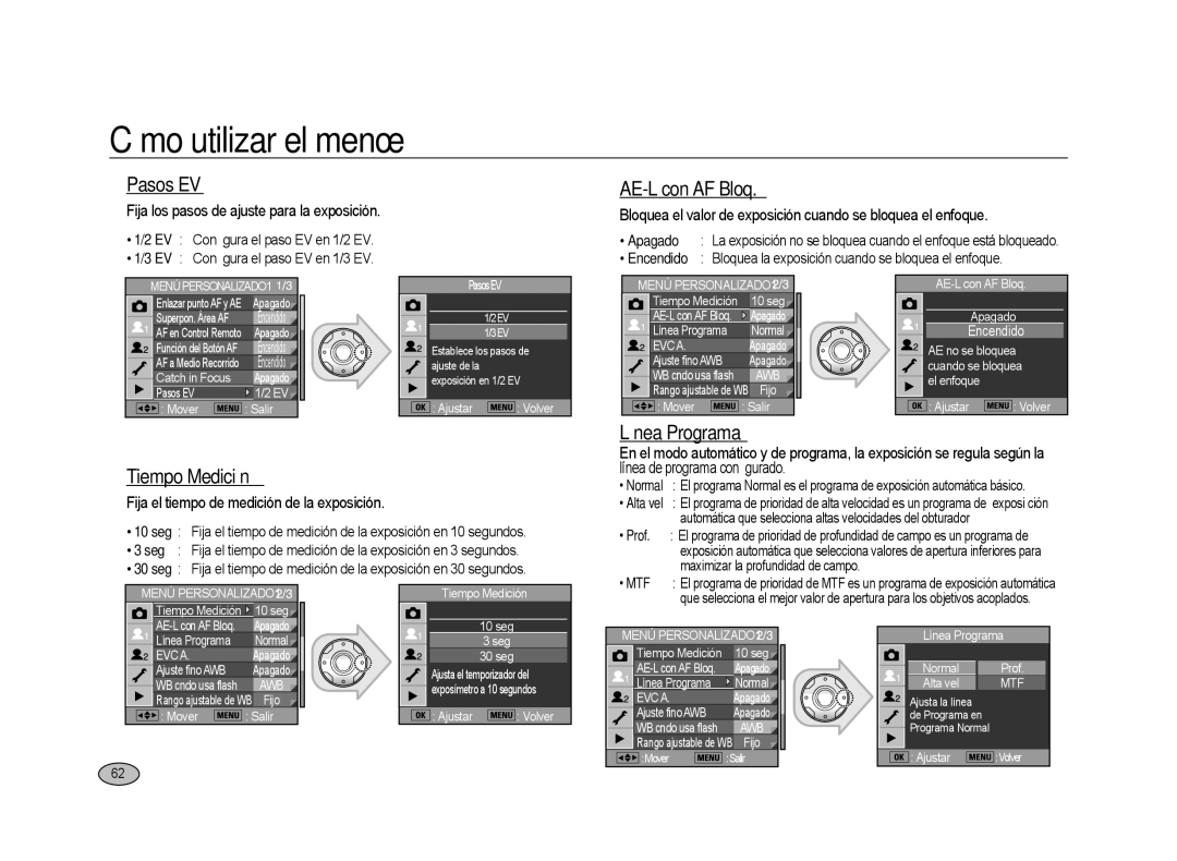 Samsung ER-GX20ZBBC/ES, ER-GX20ZBBC/E1, ER-GX20ZBBB/E1 manual Pasos EV, AE-L con AF Bloq, Línea Programa Tiempo Medición 