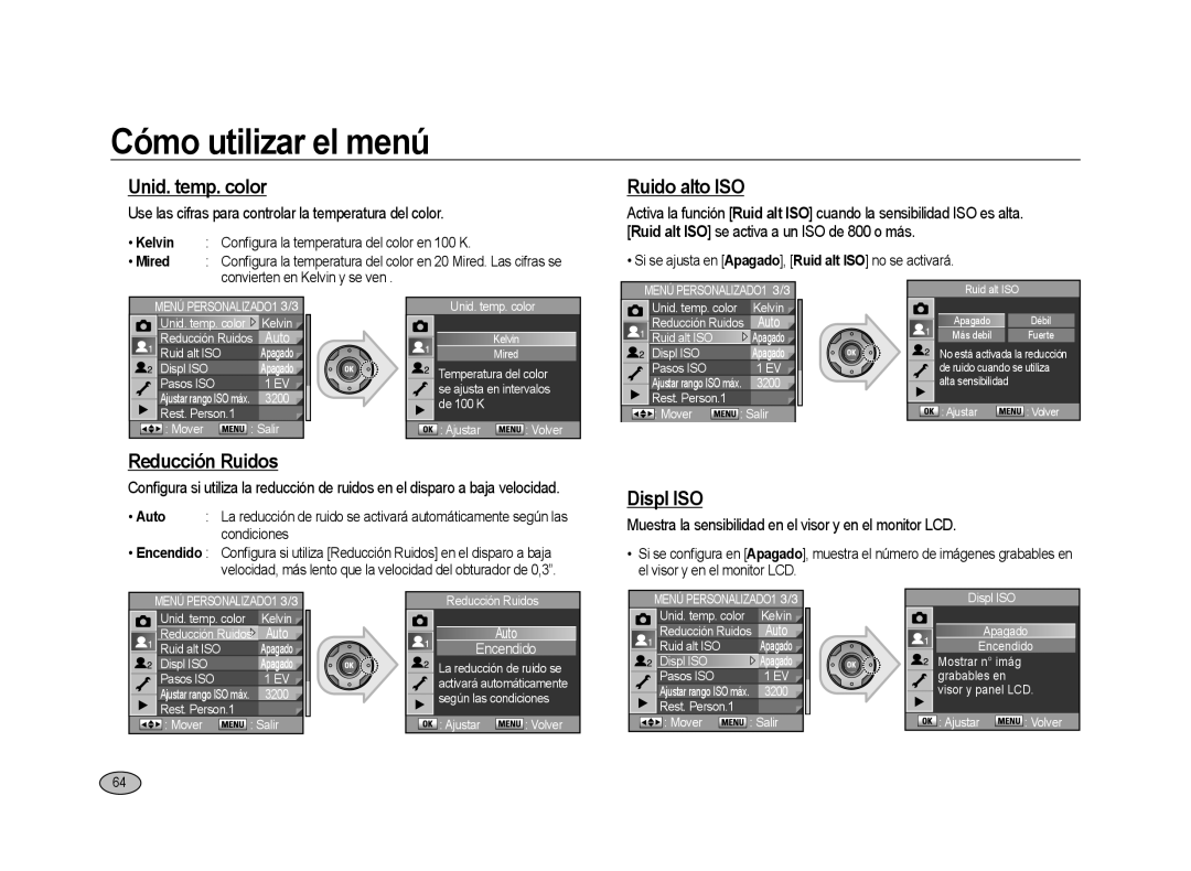 Samsung ER-GX20ZBBC/E1, ER-GX20ZBBB/E1, ER-GX20ZBBA/E1 manual Unid. temp. color, Ruido alto ISO, Reducción Ruidos, Displ ISO 