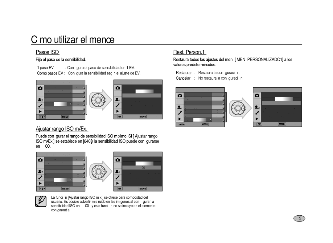 Samsung ER-GX20ZBBB/E1, ER-GX20ZBBC/E1 Pasos ISO, Rest. Person.1, Ajustar rango ISO máx, Fija el paso de la sensibilidad 