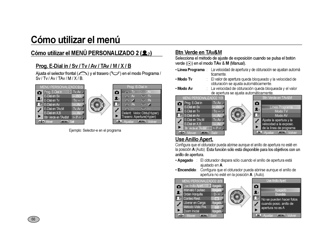 Samsung ER-GX20ZBBA/E1 manual Cómo utilizar el Menú Personalizado, Prog. E-Dial in / Sv / Tv / Av / TAv / M / X / B 