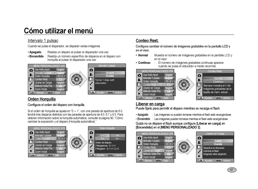 Samsung ER-GX20ZBBC/ES manual Conteo Rest, Orden Horquilla, Liberar en carga, Conﬁgura el orden del disparo con horquilla 