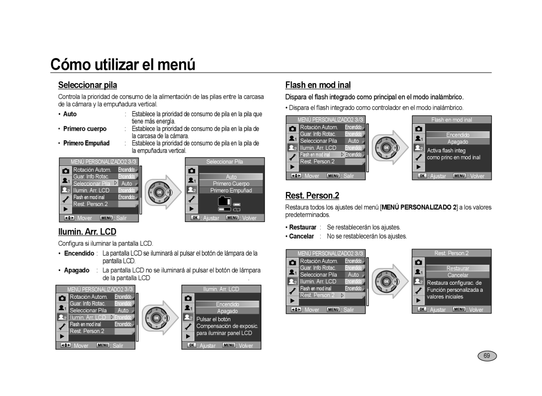 Samsung ER-GX20ZBBC/E1, ER-GX20ZBBB/E1 manual Seleccionar pila, Flash en mod inal, Rest. Person.2, Ilumin. Arr. LCD, Auto 