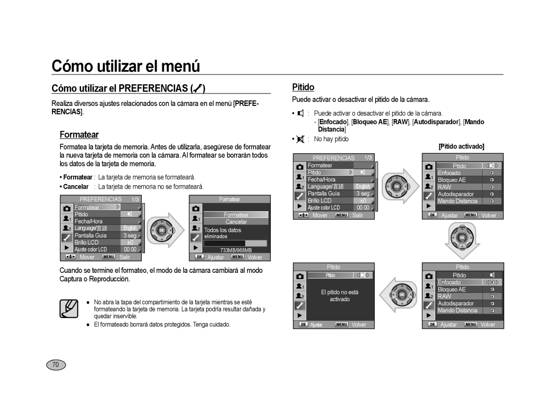 Samsung ER-GX20ZBBB/E1 Cómo utilizar el Preferencias, Formatear Pitido, Puede activar o desactivar el pitido de la cámara 