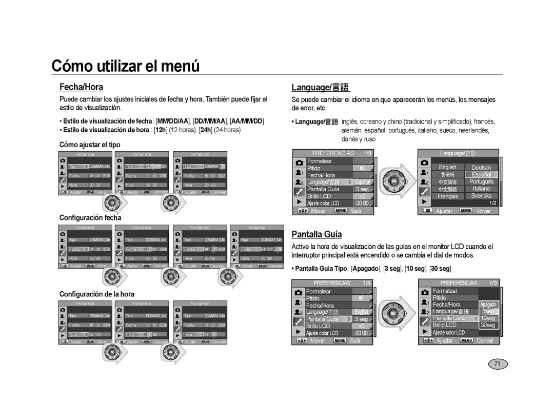 Samsung ER-GX20ZBBA/E1, ER-GX20ZBBC/E1, ER-GX20ZBBB/E1, ER-GX20ZBBC/ES, ER-GX20ZBBB/SP Fecha/Hora, Language, Pantalla Guía 