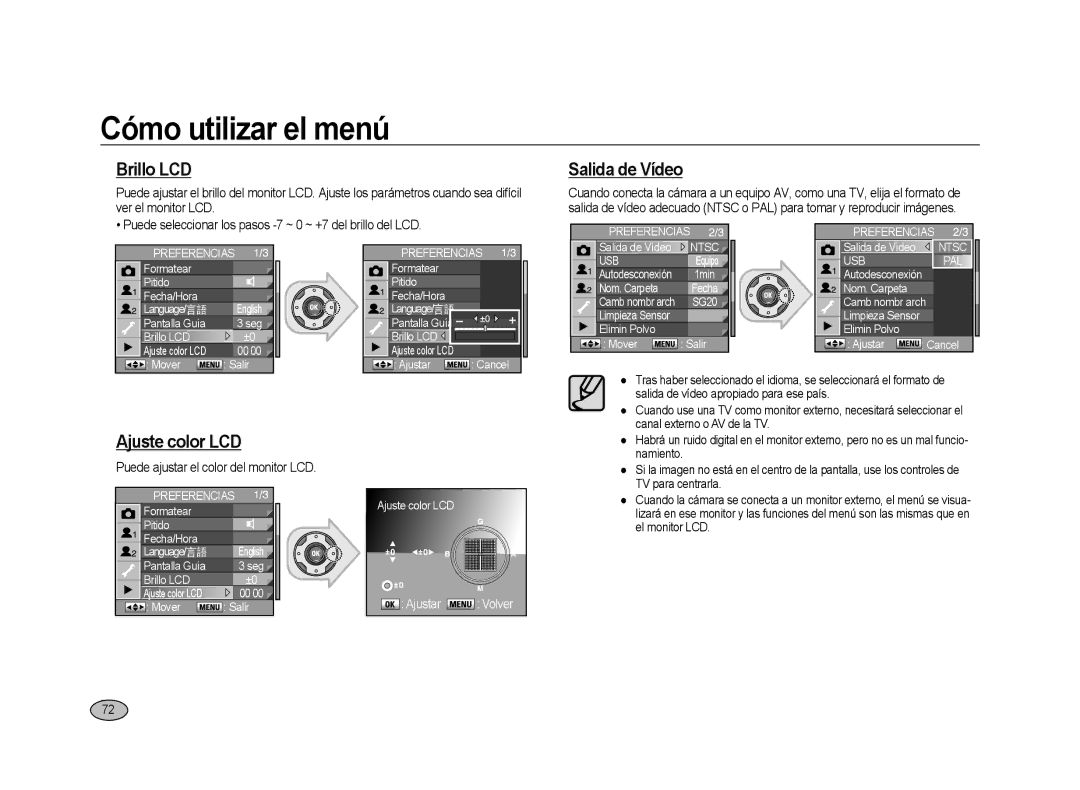 Samsung ER-GX20ZBBC/ES, ER-GX20ZBBC/E1, ER-GX20ZBBB/E1, ER-GX20ZBBA/E1 manual Brillo LCD, Salida de Vídeo, Ajuste color LCD 