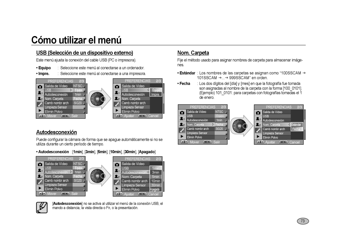 Samsung ER-GX20ZBBB/SP, ER-GX20ZBBC/E1 manual USB Selección de un dispositivo externo, Nom. Carpeta, Autodesconexión, Fecha 