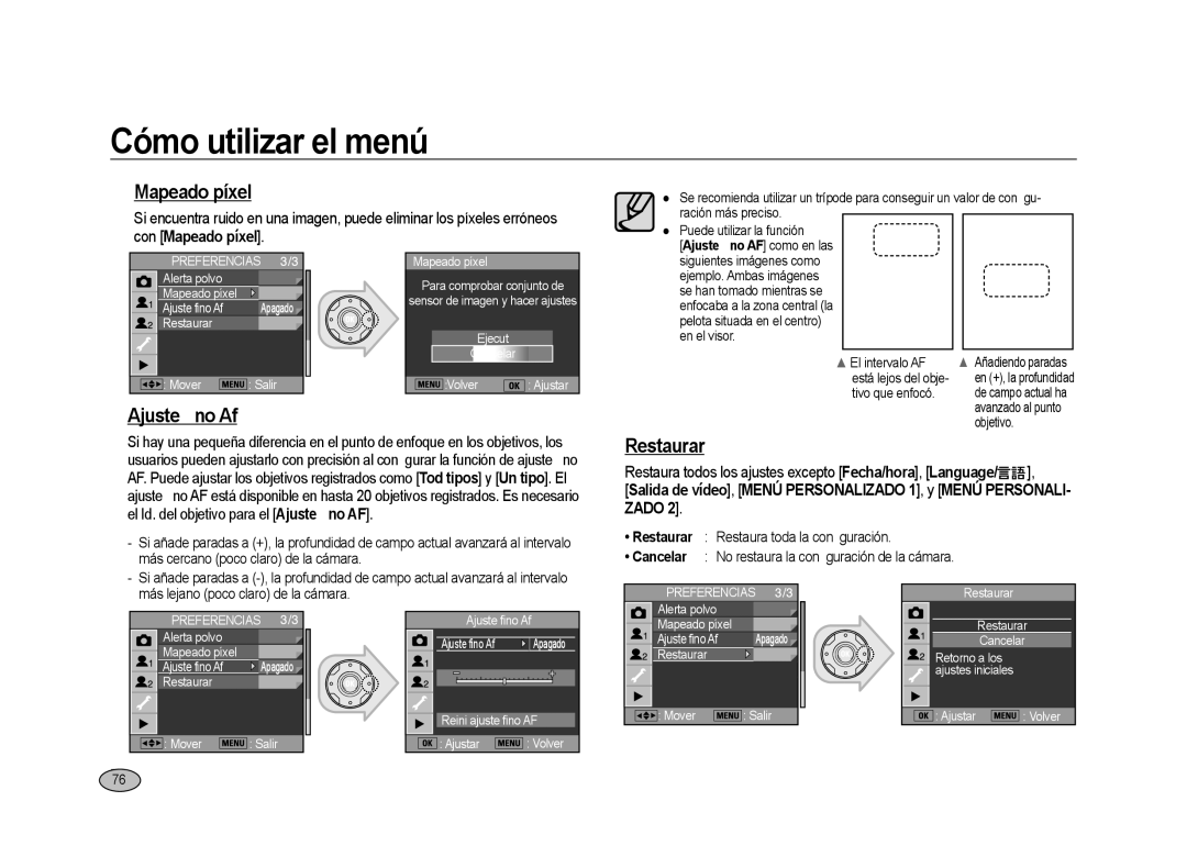 Samsung ER-GX20ZBBA/E1 Mapeado píxel, Ajuste ﬁno Af, Restaurar, Restaura todos los ajustes excepto Fecha/hora, Language 