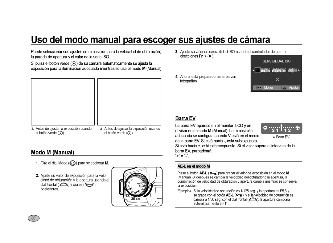 Samsung ER-GX20ZBBA/E1 Uso del modo manual para escoger sus ajustes de cámara, Modo M Manual, Barra EV, AE-L en el modo M 