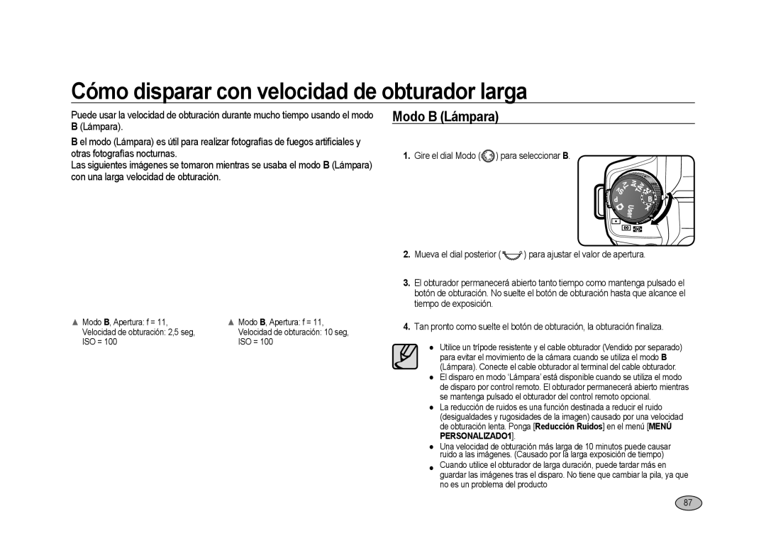 Samsung ER-GX20ZBBC/ES, ER-GX20ZBBC/E1, ER-GX20ZBBB/E1 manual Cómo disparar con velocidad de obturador larga, Modo B Lámpara 