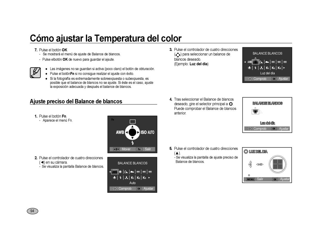 Samsung ER-GX20ZBBC/E1 manual Ajuste preciso del Balance de blancos, Blancos deseado, Ejemplo Luz del día, Anterior 