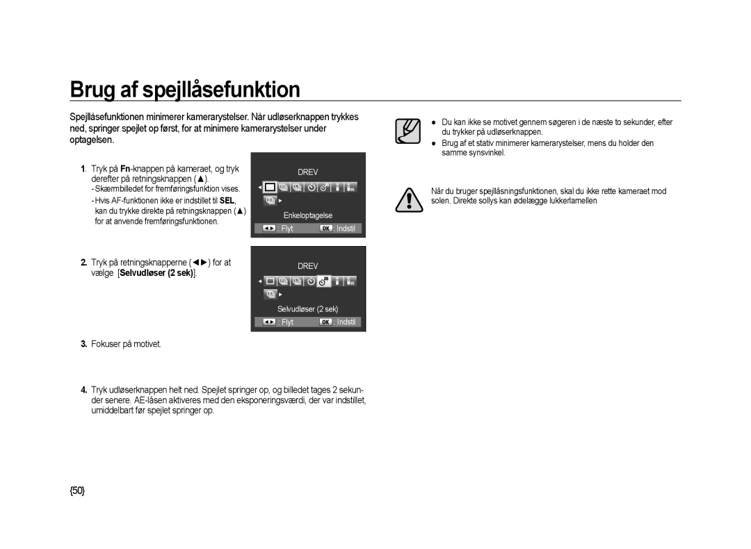 Samsung ER-GX20ZBBB/E1, ER-GX20ZBBC/E1 manual Brug af spejllåsefunktion, Fokuser på motivet, Selvudløser 2 sek Flyt Indstil 