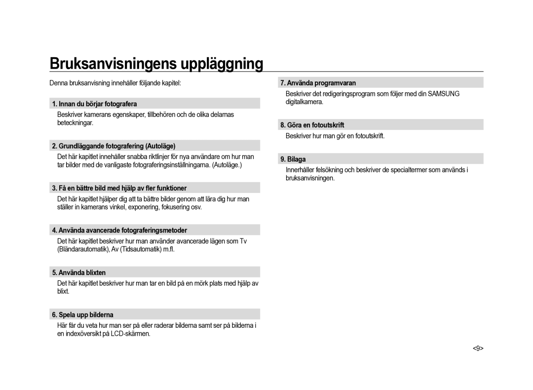 Samsung ER-GX20ZBBC/E1, ER-GX20ZBBB/E1, ER-GX20ZBBA/SE, ER-GX20ZBBA/E1, ER-GX20ZBBA/DK manual Bruksanvisningens uppläggning 