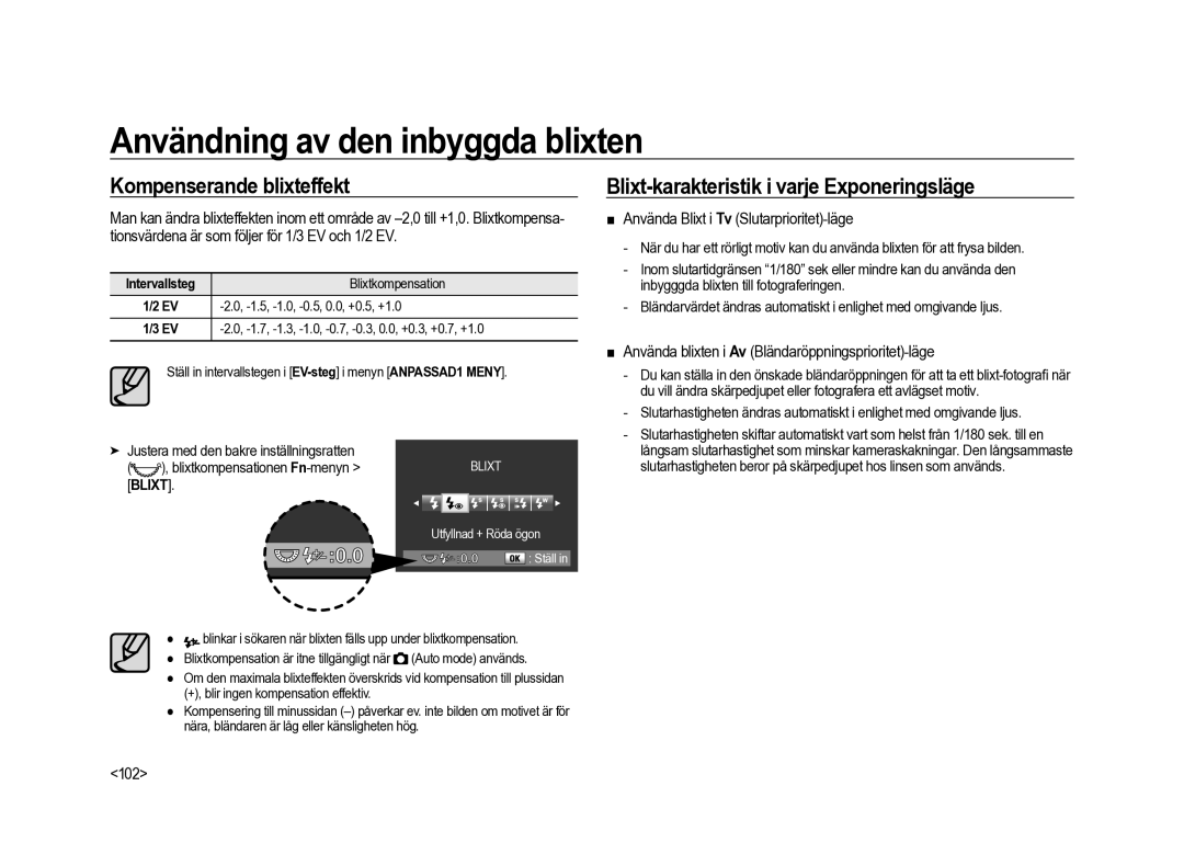 Samsung ER-GX20ZBBA/E1, ER-GX20ZBBC/E1 manual Kompenserande blixteffekt, Blixt-karakteristik i varje Exponeringsläge, 102 