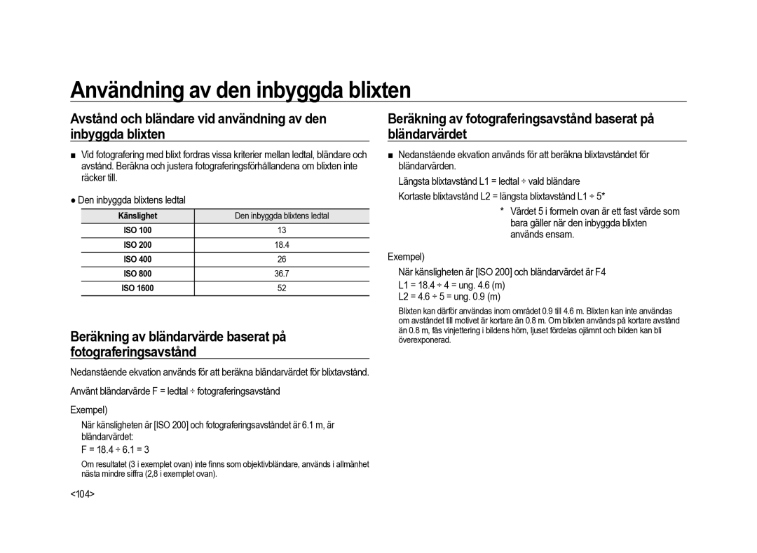 Samsung ER-GX20ZBBC/E1, ER-GX20ZBBB/E1, ER-GX20ZBBA/SE Avstånd och bländare vid användning av den inbyggda blixten, 104 