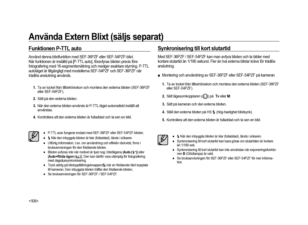 Samsung ER-GX20ZBBA/SE, ER-GX20ZBBC/E1, ER-GX20ZBBB/E1 manual Funktionen P-TTL auto, Synkronisering till kort slutartid, 106 