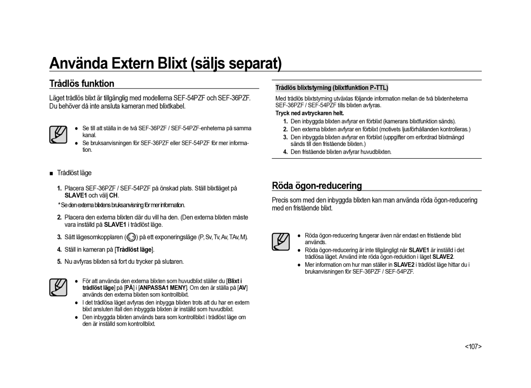 Samsung ER-GX20ZBBA/E1, ER-GX20ZBBC/E1, ER-GX20ZBBB/E1 manual Trådlös funktion, Röda ögon-reducering, Trådlöst läge, 107 