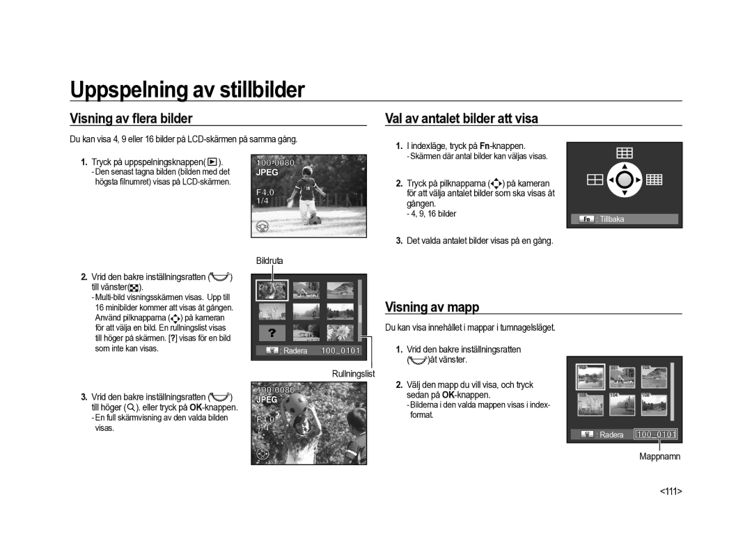 Samsung ER-GX20ZBBA/SE, ER-GX20ZBBC/E1 manual Visning av ﬂera bilder Val av antalet bilder att visa, Visning av mapp, 111 