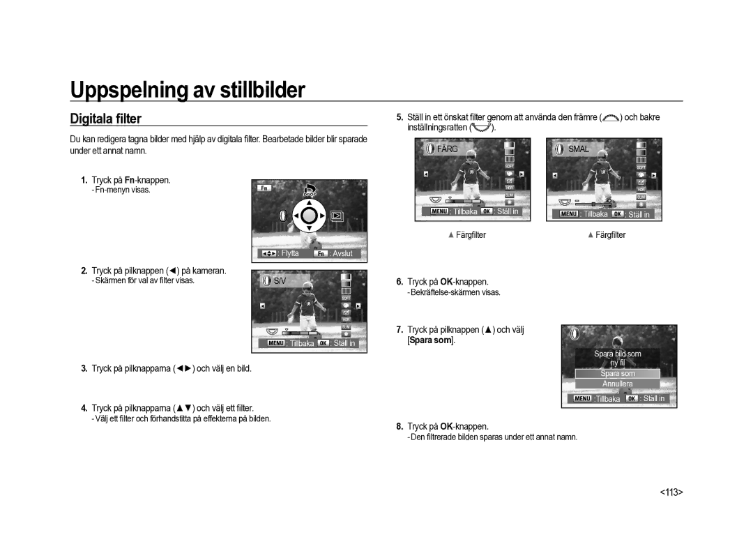 Samsung ER-GX20ZBBA/DK, ER-GX20ZBBC/E1 manual Digitala ﬁlter, 113, Tryck på pilknappen och välj Spara som, Färgﬁlter 