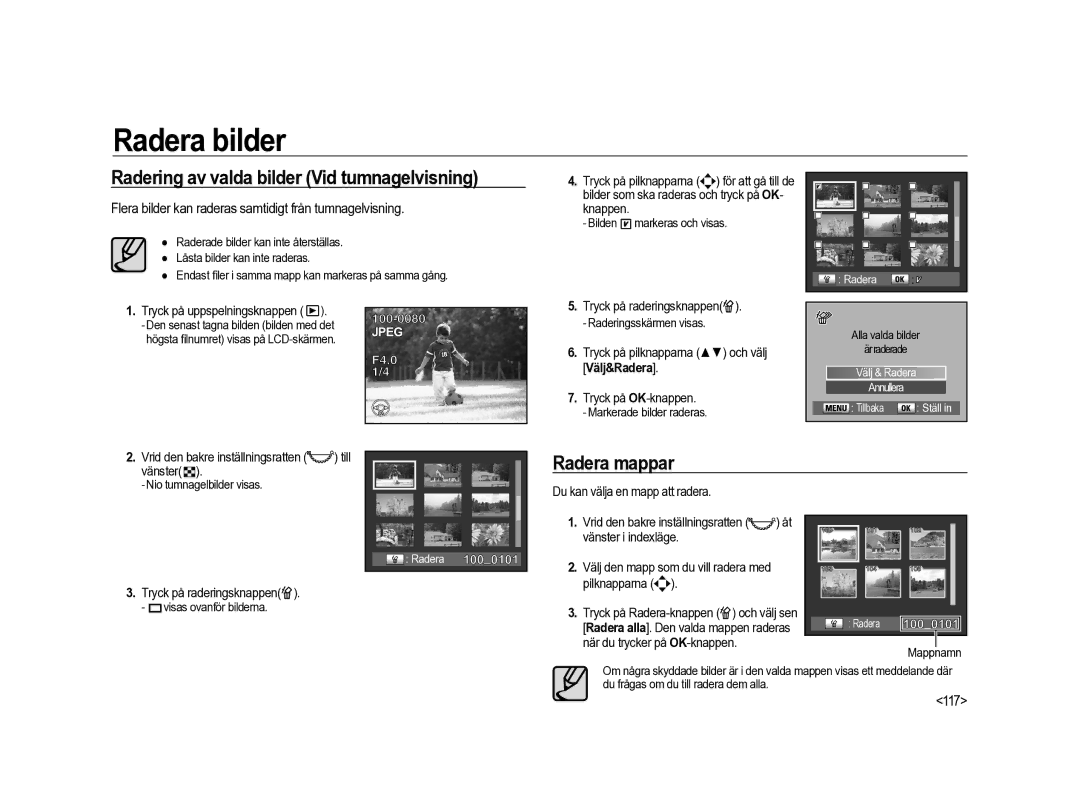 Samsung ER-GX20ZBBA/E1, ER-GX20ZBBC/E1 manual Radering av valda bilder Vid tumnagelvisning, Radera mappar, 117, Välj&Radera 