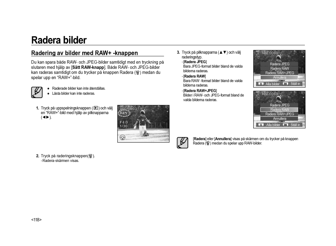 Samsung ER-GX20ZBBA/DK, ER-GX20ZBBC/E1, ER-GX20ZBBB/E1, ER-GX20ZBBA/SE manual Radering av bilder med RAW+ -knappen, 118 