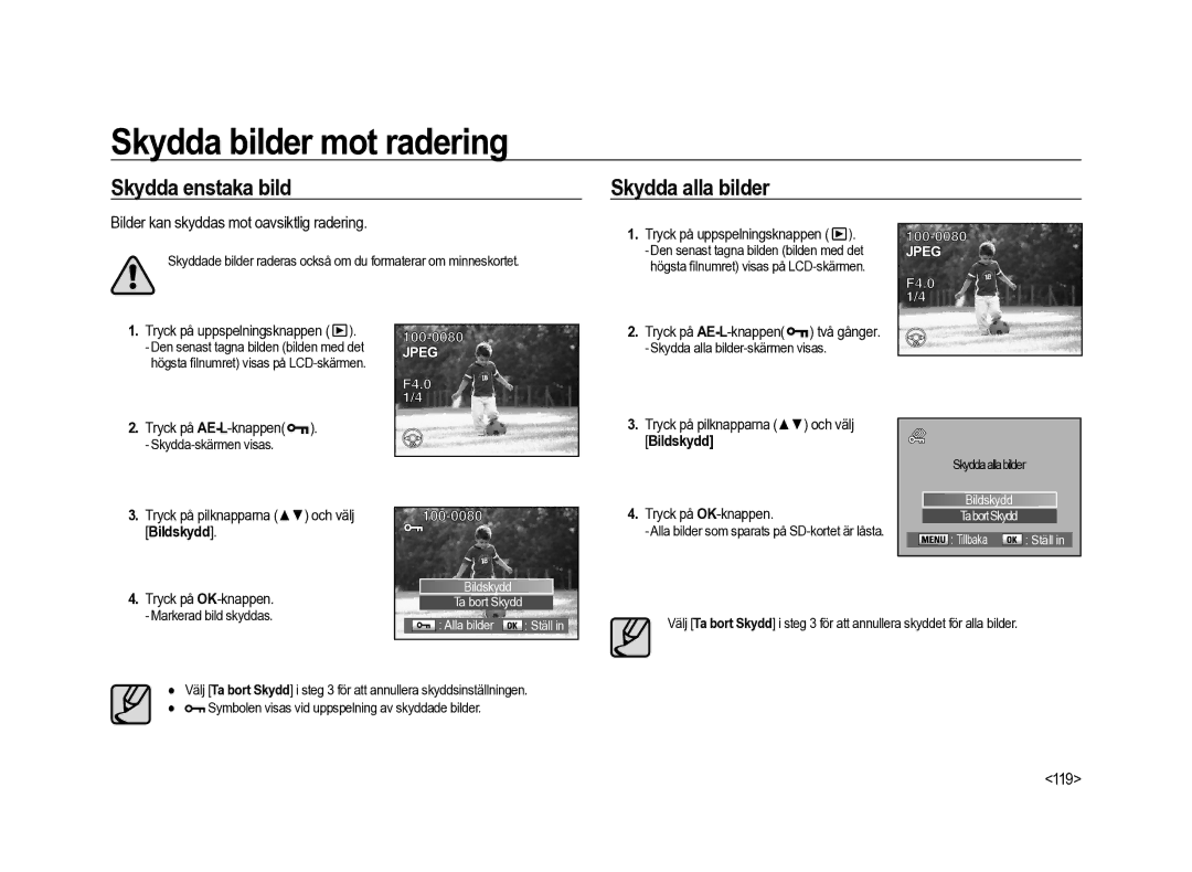 Samsung ER-GX20ZBBC/E1, ER-GX20ZBBB/E1 manual Skydda bilder mot radering, Skydda enstaka bild, Skydda alla bilder, 119 