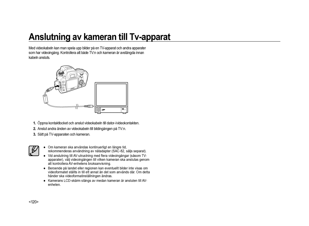 Samsung ER-GX20ZBBB/E1, ER-GX20ZBBC/E1, ER-GX20ZBBA/SE, ER-GX20ZBBA/E1 manual Anslutning av kameran till Tv-apparat, 120 