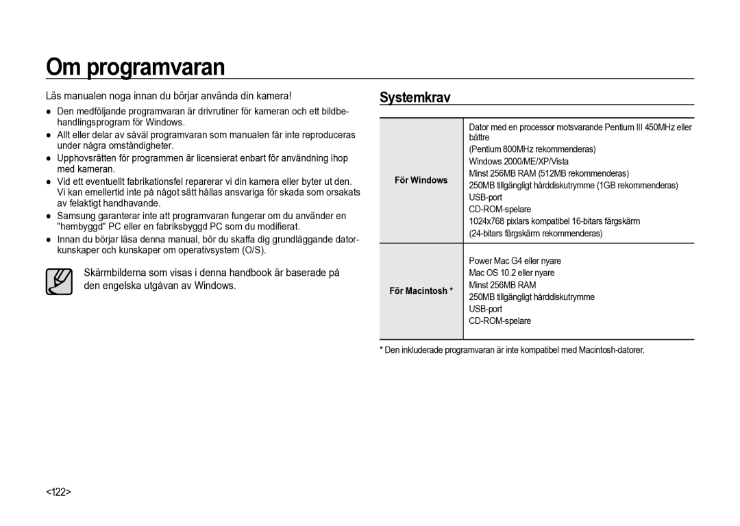 Samsung ER-GX20ZBBA/E1 Om programvaran, Systemkrav, Läs manualen noga innan du börjar använda din kamera, 122 