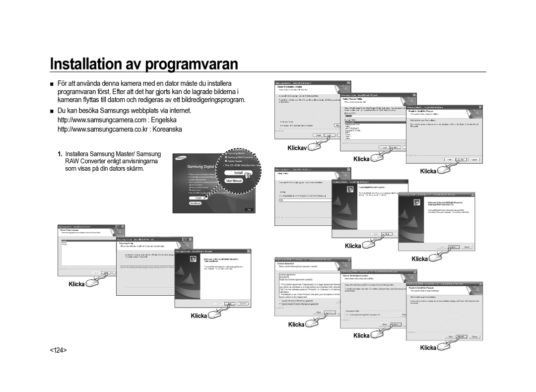 Samsung ER-GX20ZBBC/E1, ER-GX20ZBBB/E1, ER-GX20ZBBA/SE, ER-GX20ZBBA/E1 manual Installation av programvaran, 124, Klickav 