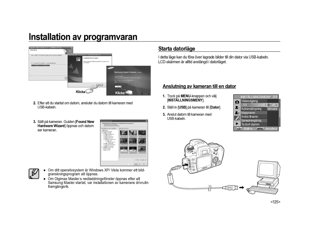 Samsung ER-GX20ZBBB/E1, ER-GX20ZBBC/E1 manual Starta datorläge, Anslutning av kameran till en dator, 125, Klicka Klicka 