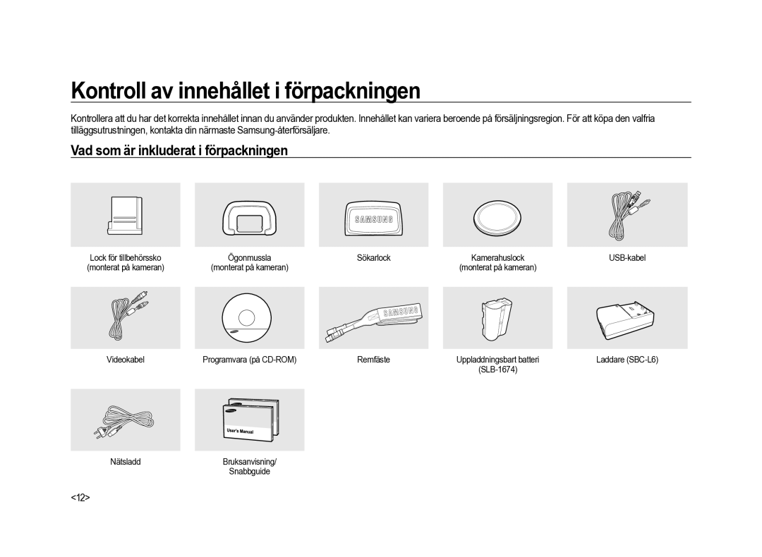 Samsung ER-GX20ZBBA/E1 manual Kontroll av innehållet i förpackningen, Vad som är inkluderat i förpackningen, Sökarlock 