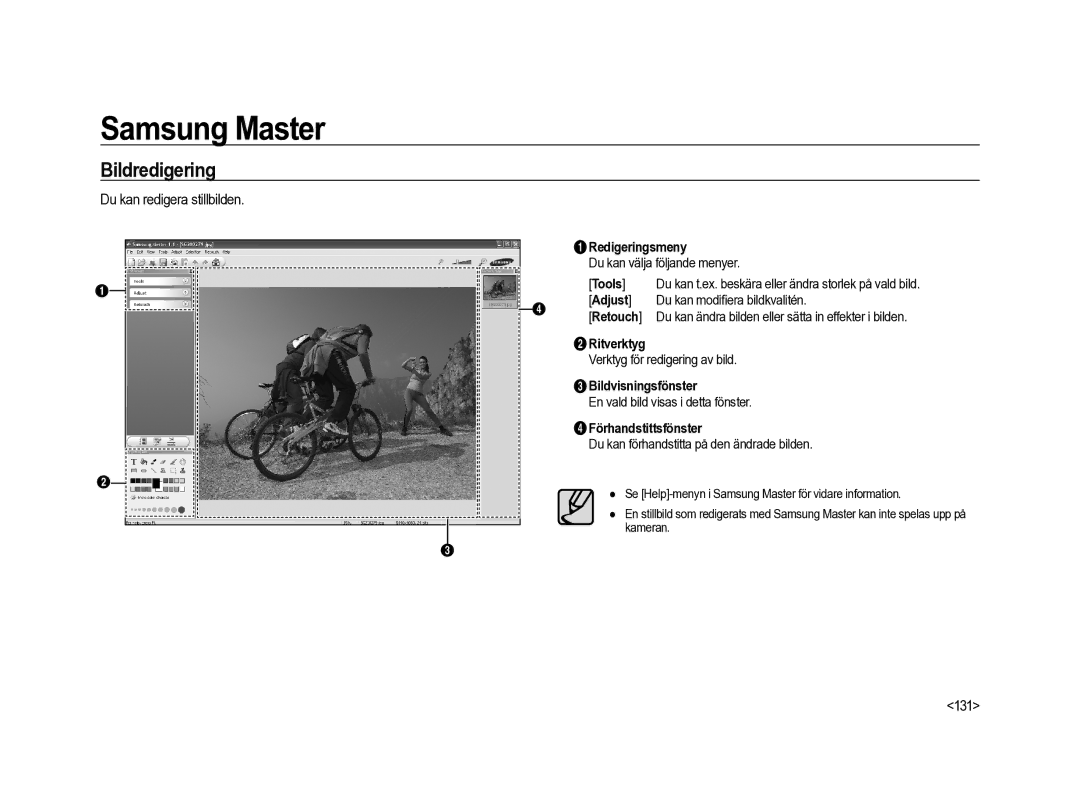 Samsung ER-GX20ZBBA/SE, ER-GX20ZBBC/E1, ER-GX20ZBBB/E1, ER-GX20ZBBA/E1 manual Bildredigering, Du kan redigera stillbilden, 131 