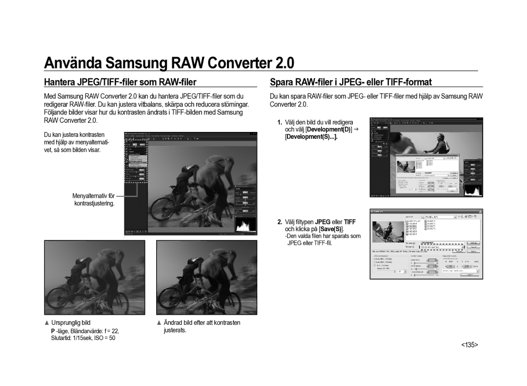 Samsung ER-GX20ZBBB/E1, ER-GX20ZBBC/E1 Hantera JPEG/TIFF-ﬁler som RAW-ﬁler, Spara RAW-ﬁler i JPEG- eller TIFF-format, 135 