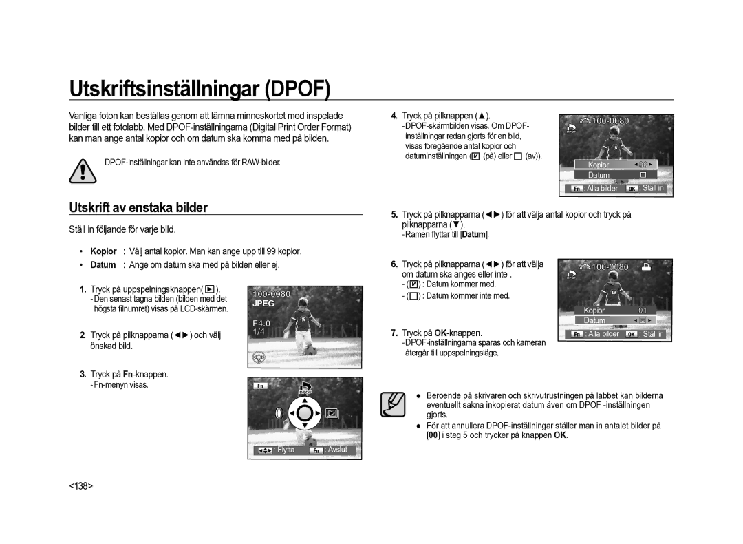 Samsung ER-GX20ZBBA/DK Utskriftsinställningar Dpof, Utskrift av enstaka bilder, Ställ in följande för varje bild, 138 