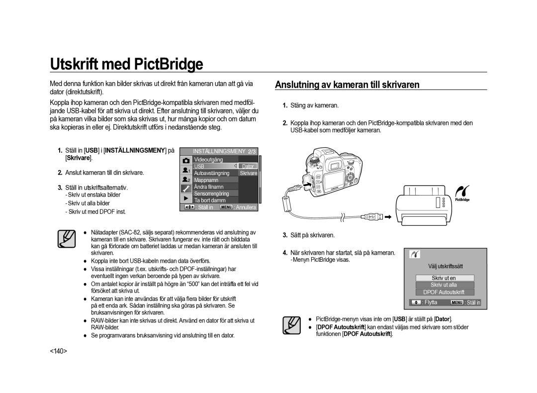 Samsung ER-GX20ZBBB/E1 Utskrift med PictBridge, Anslutning av kameran till skrivaren, 140, Välj utskriftssätt Skriv ut en 