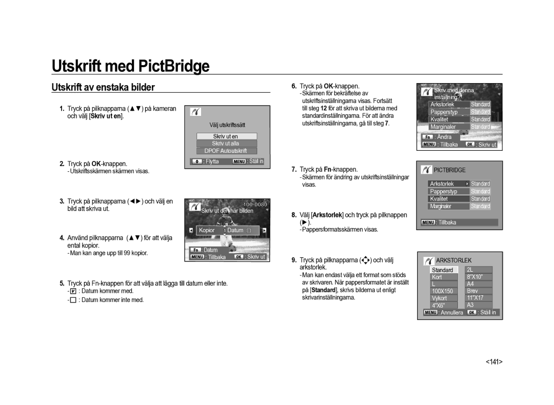 Samsung ER-GX20ZBBA/SE, ER-GX20ZBBC/E1, ER-GX20ZBBB/E1, ER-GX20ZBBA/E1 manual 141, Tryck på pilknapparna och välj, Arkstorlek 