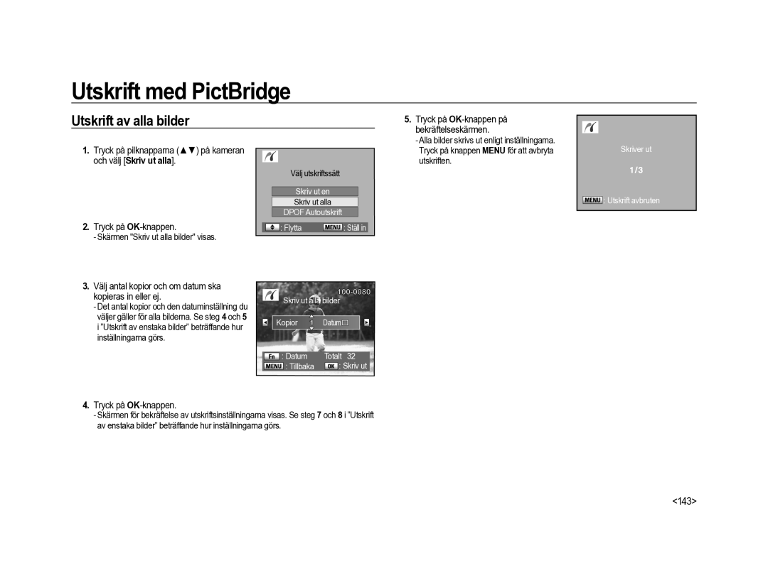 Samsung ER-GX20ZBBA/DK, ER-GX20ZBBC/E1 manual Utskrift av alla bilder, 143, Tryck på OK-knappen på, Bekräftelseskärmen 