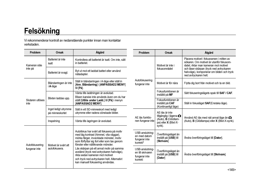 Samsung ER-GX20ZBBC/E1, ER-GX20ZBBB/E1, ER-GX20ZBBA/SE, ER-GX20ZBBA/E1 manual 149, Problem Orsak Åtgärd, Skrivare, Dator 