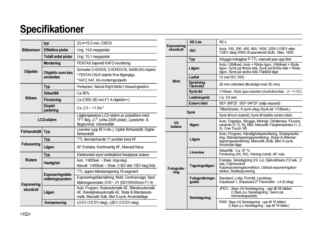 Samsung ER-GX20ZBBA/E1, ER-GX20ZBBC/E1, ER-GX20ZBBB/E1, ER-GX20ZBBA/SE, ER-GX20ZBBA/DK manual Speciﬁkationer, 152 