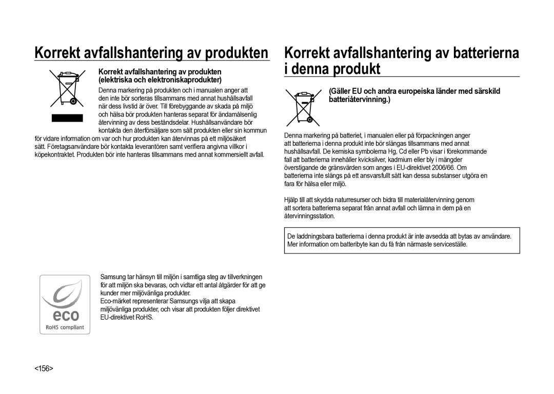 Samsung ER-GX20ZBBA/SE, ER-GX20ZBBC/E1, ER-GX20ZBBB/E1, ER-GX20ZBBA/E1 manual Korrekt avfallshantering av produkten, 156 