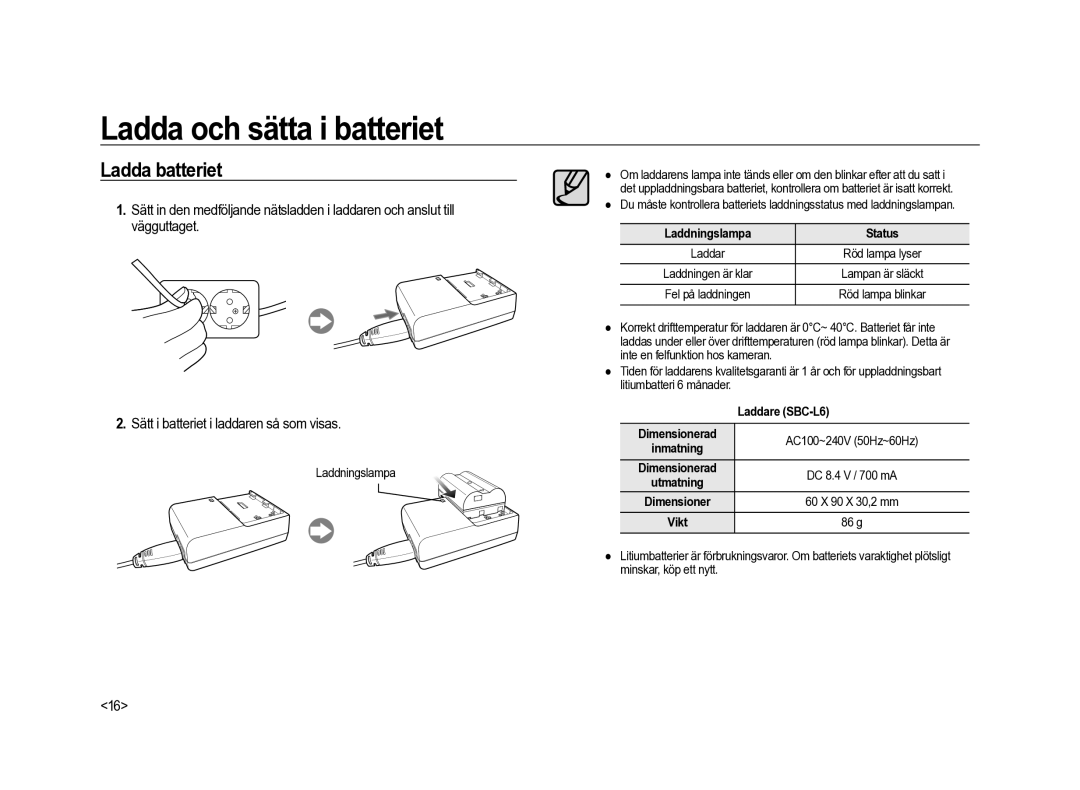 Samsung ER-GX20ZBBA/SE, ER-GX20ZBBC/E1 manual Ladda och sätta i batteriet, Ladda batteriet, Laddningslampa Status 