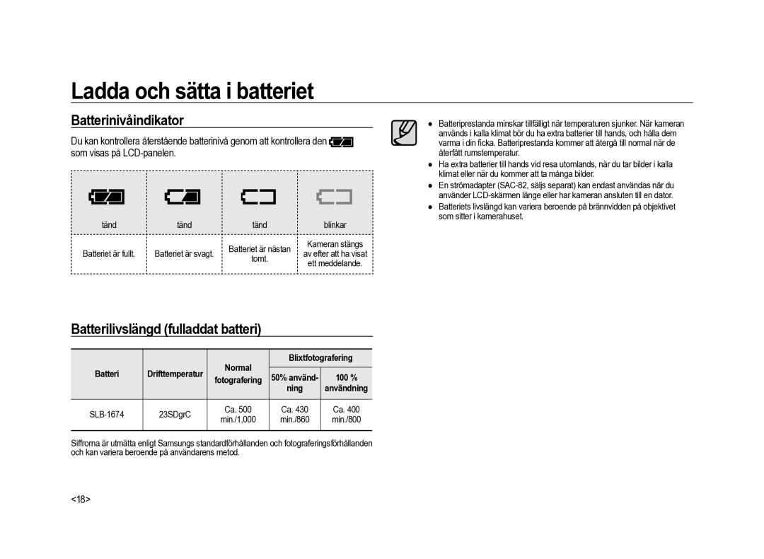 Samsung ER-GX20ZBBA/DK manual Batterinivåindikator, Batterilivslängd fulladdat batteri, Normal Blixtfotografering, 100 % 