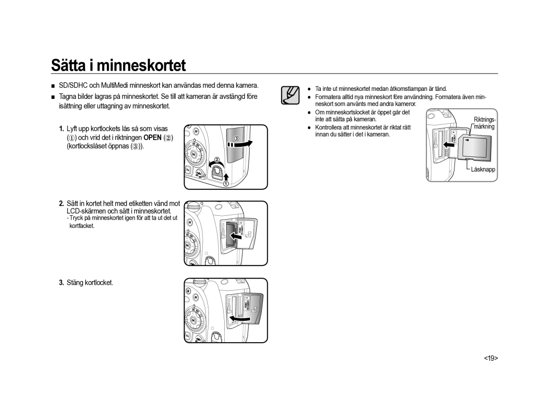 Samsung ER-GX20ZBBC/E1, ER-GX20ZBBB/E1, ER-GX20ZBBA/SE, ER-GX20ZBBA/E1, ER-GX20ZBBA/DK Sätta i minneskortet, Stäng kortlocket 